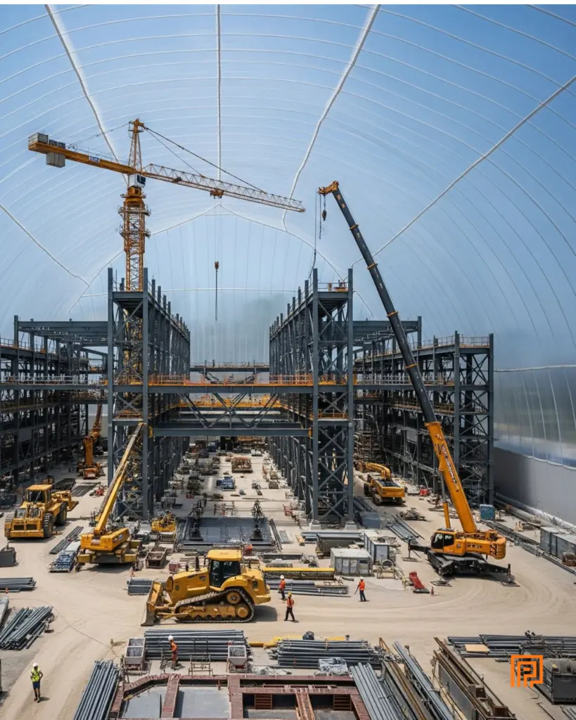 Estrutura de cúpula inflável branca protegendo um canteiro de obras no Brasil contra chuvas.