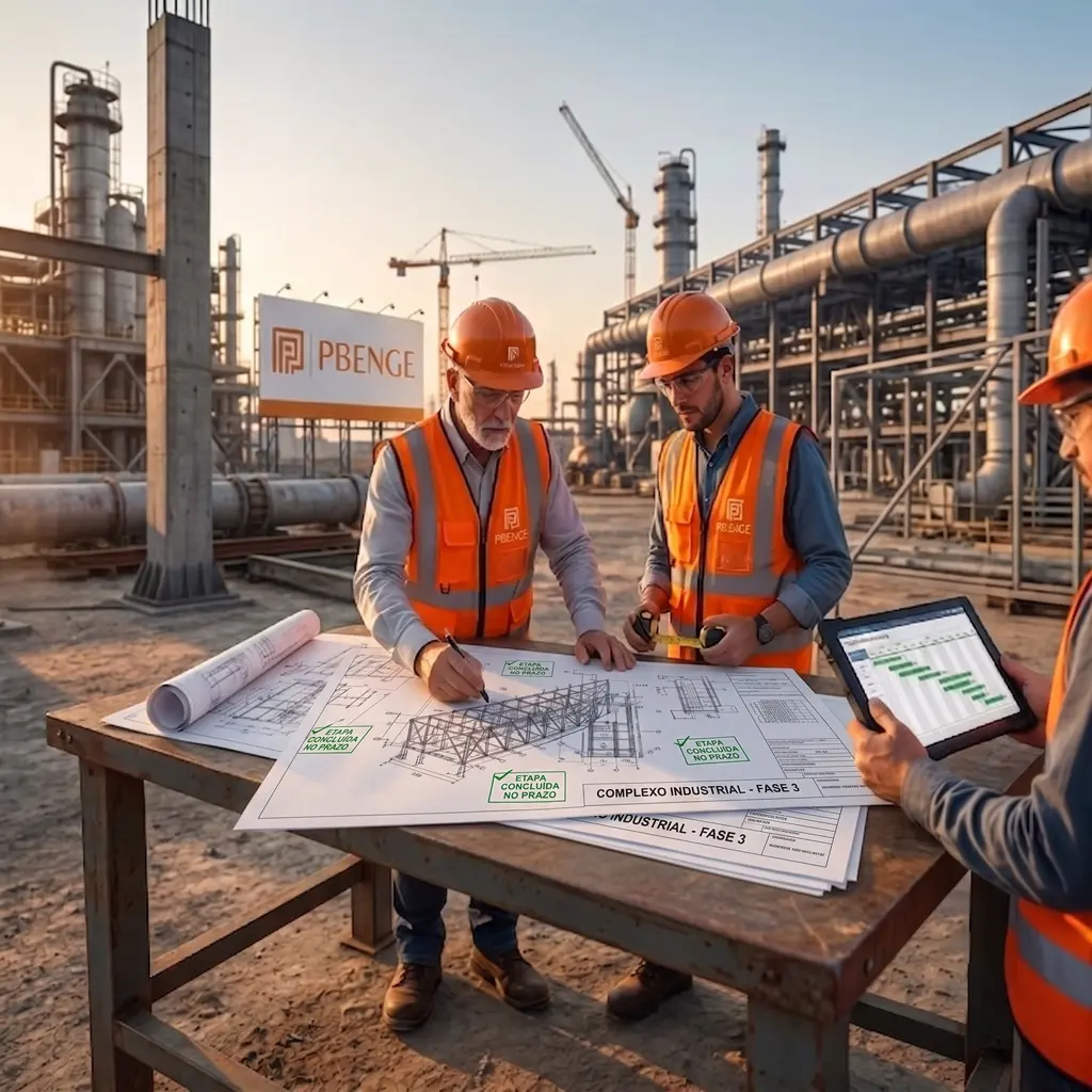 Engenheiros da PBENGE analisando planta no canteiro de obras, simbolizando ética, prazos cumpridos e planejamento em obras industriais.